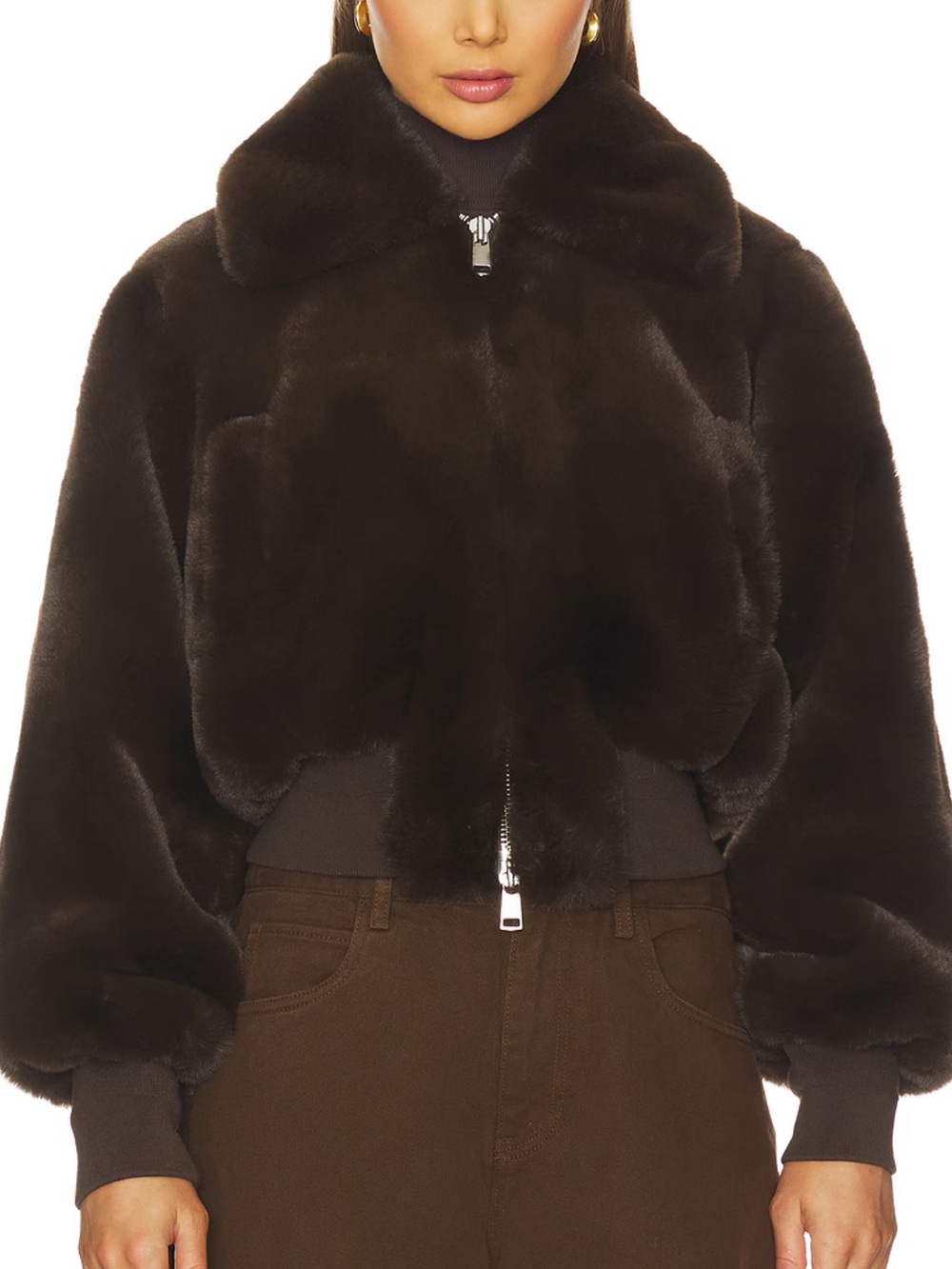 NWT Ronny Kobo Clemence Faux Fur Bomber Jacket Brown Size L